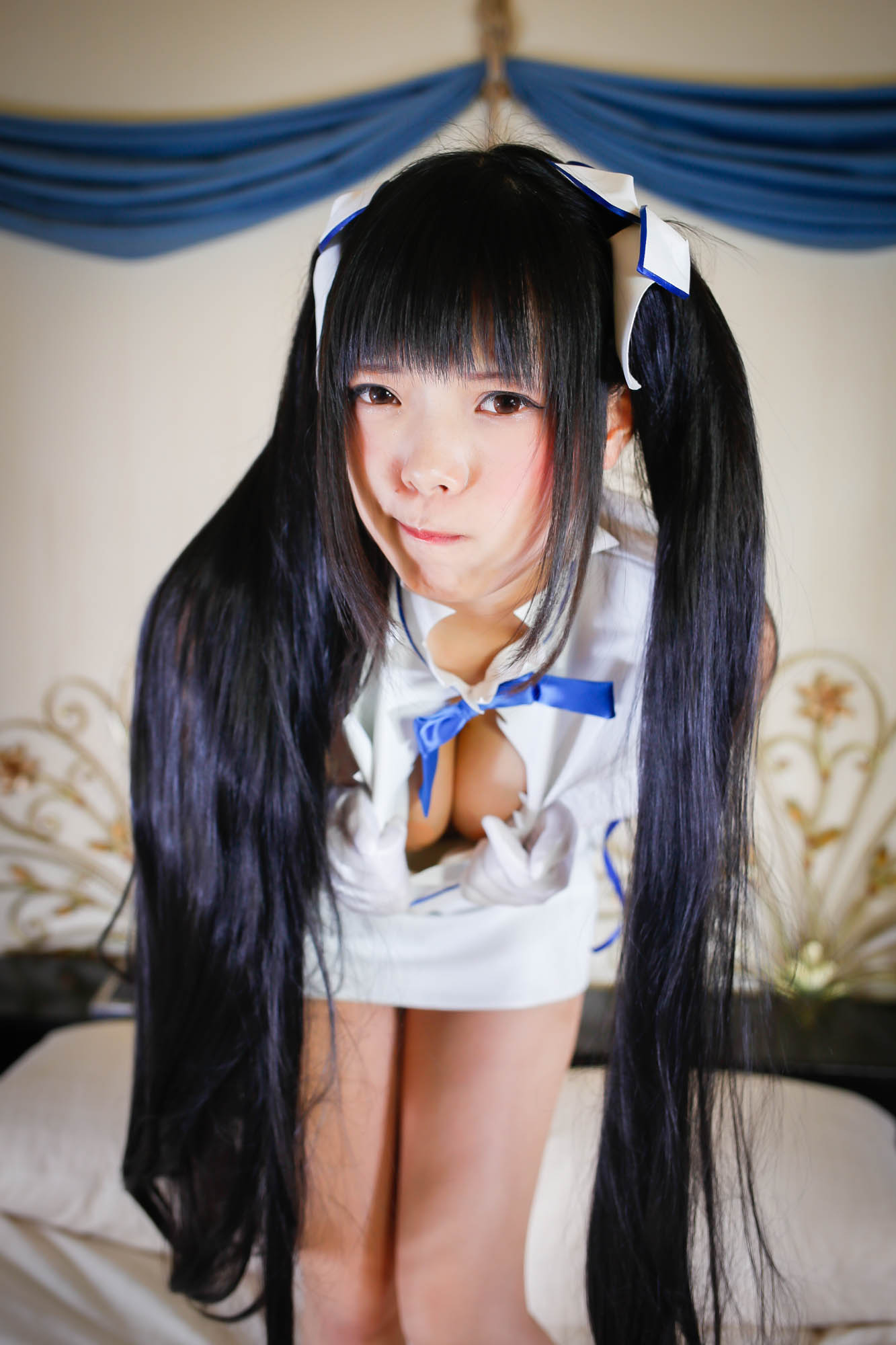 asian black_hair breasts cosplay female long_hair pigtails solo