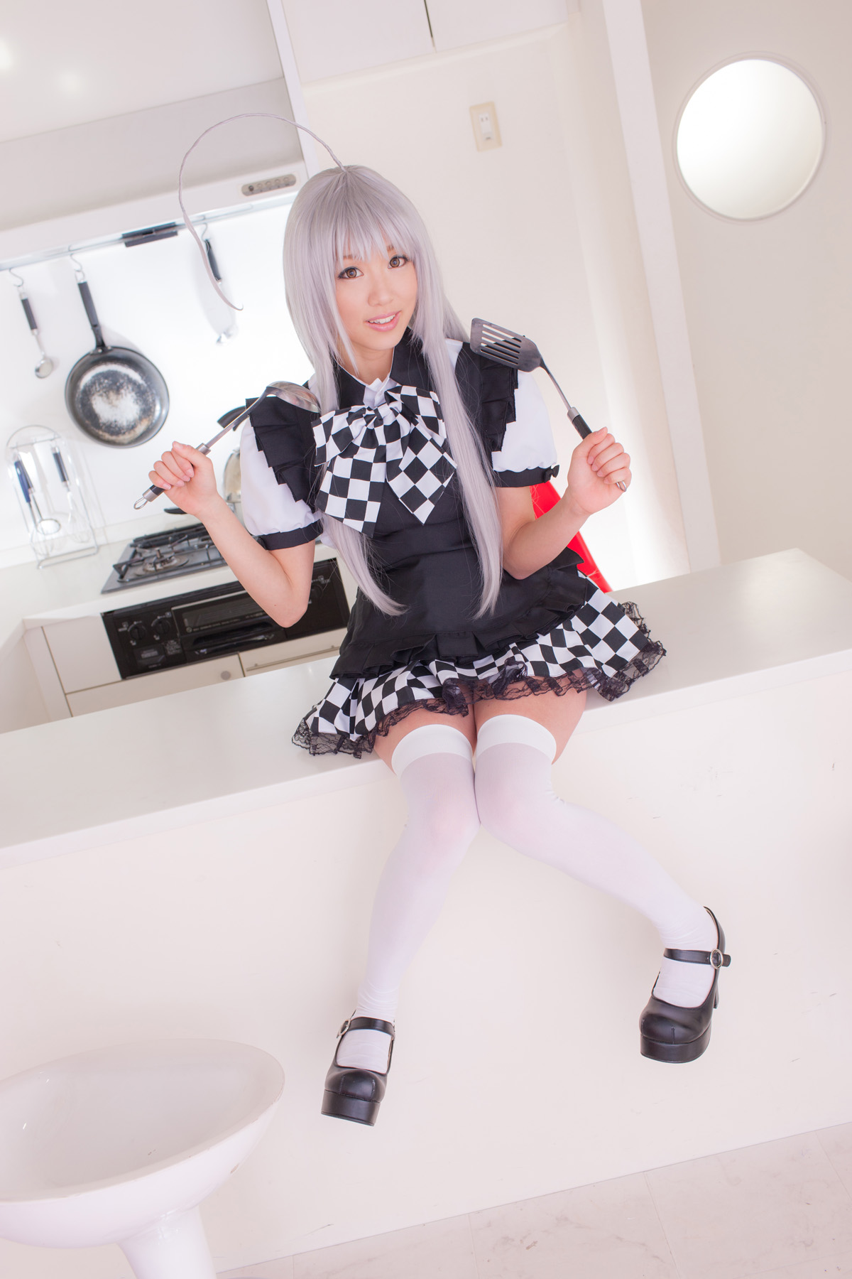 apron asian breasts cosplay female grey_hair high_heels long_hair panties shoes skirt solo thighhighs