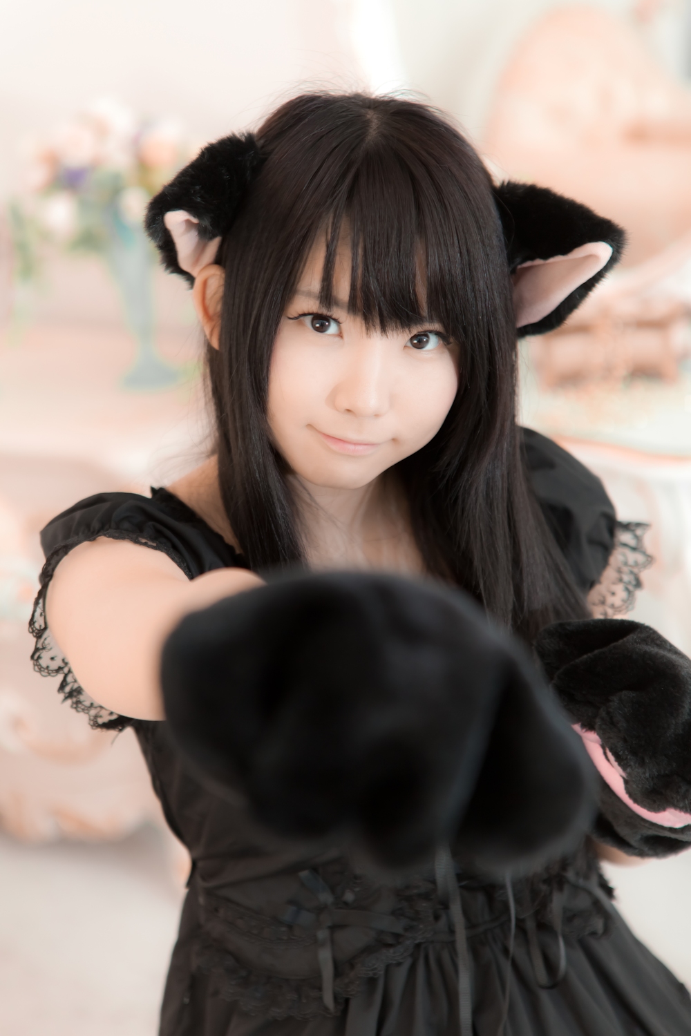 animal_ears asian black_hair breasts cosplay enako female long_hair solo