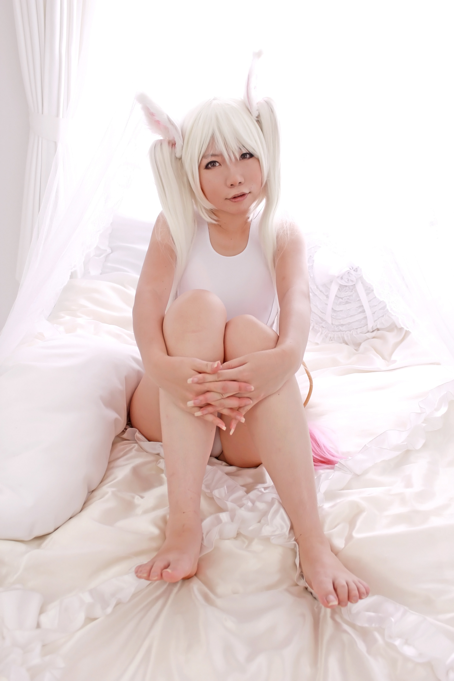 animal_ears asian breasts cosplay female long_hair solo swimsuit twintails white_hair