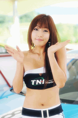 animated asian bare_shoulders breasts brown_hair earrings female gif long_hair midriff necklace skirt smile solo