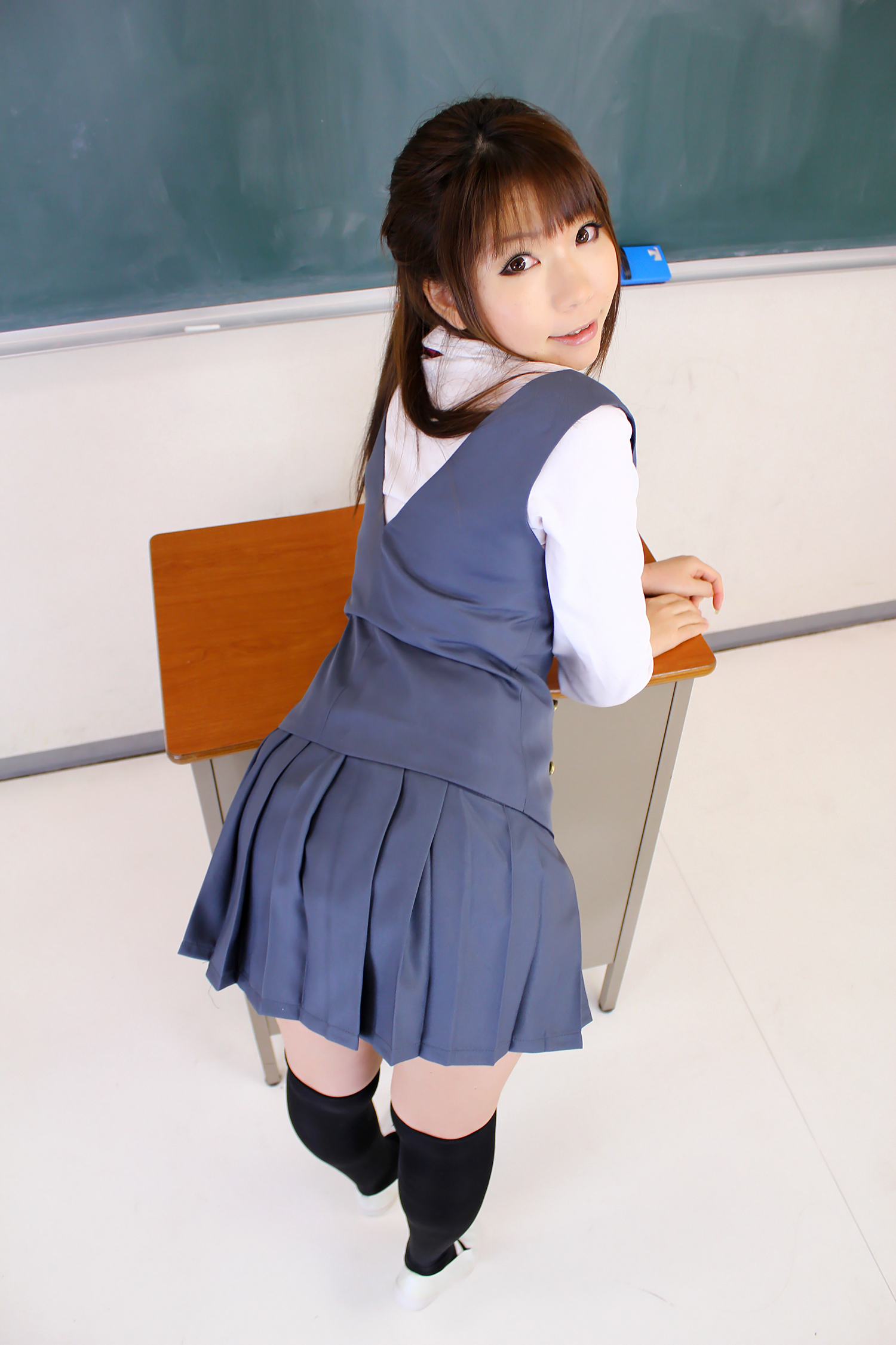 asian breasts brown_hair female japanese long_hair rin_higurashi school school_uniform schoolgirl seifuku shoes skirt socks solo