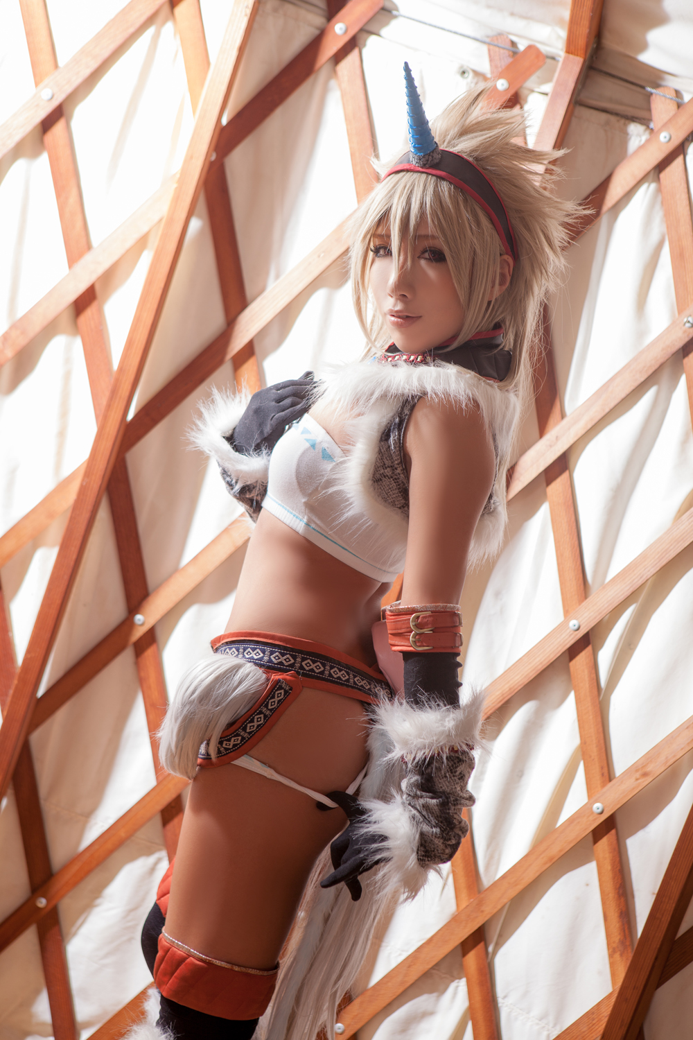 asian blonde_hair breasts cosplay female horn large_breasts midriff navel nonsummerjack short_hair solo
