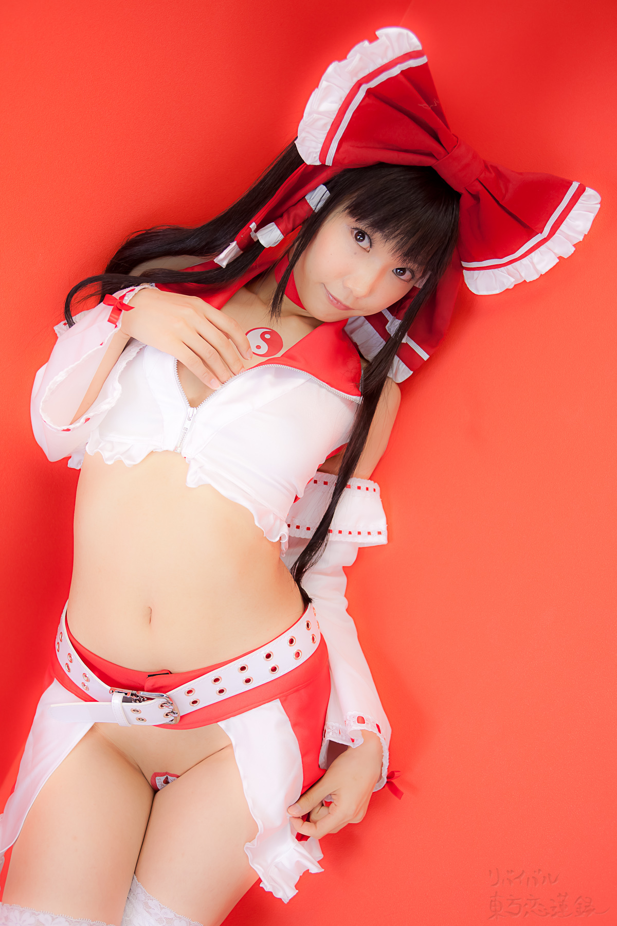 asian belt black_hair breasts cosplay female high_heels long_hair midriff shoes solo thighhighs