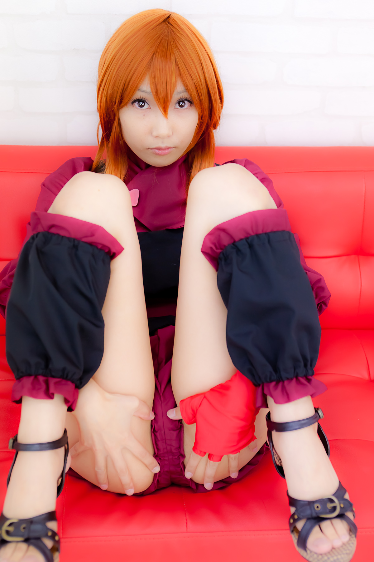 apron asian belt breasts cosplay female long_hair orange_hair sandals shoes solo