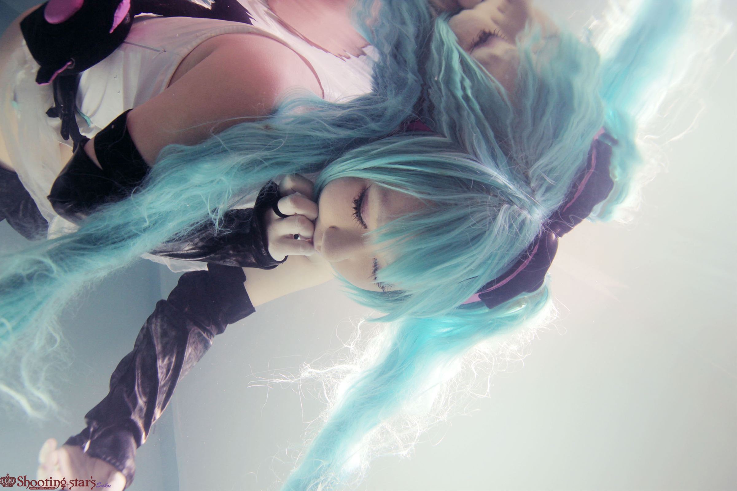 aqua_hair asian breasts cosplay elbow_gloves female gloves long_hair pigtails shooting_star solo watermark