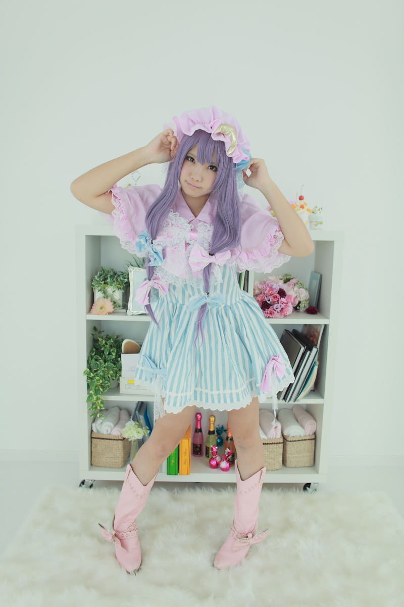 asian boots breasts dress enako female hat high_heels long_hair purple_hair solo