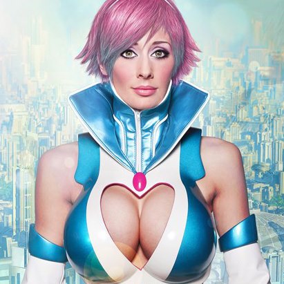 blonde_hair breasts cosplay female large_breasts marie-claude_bourbonnais short_hair solo watermark