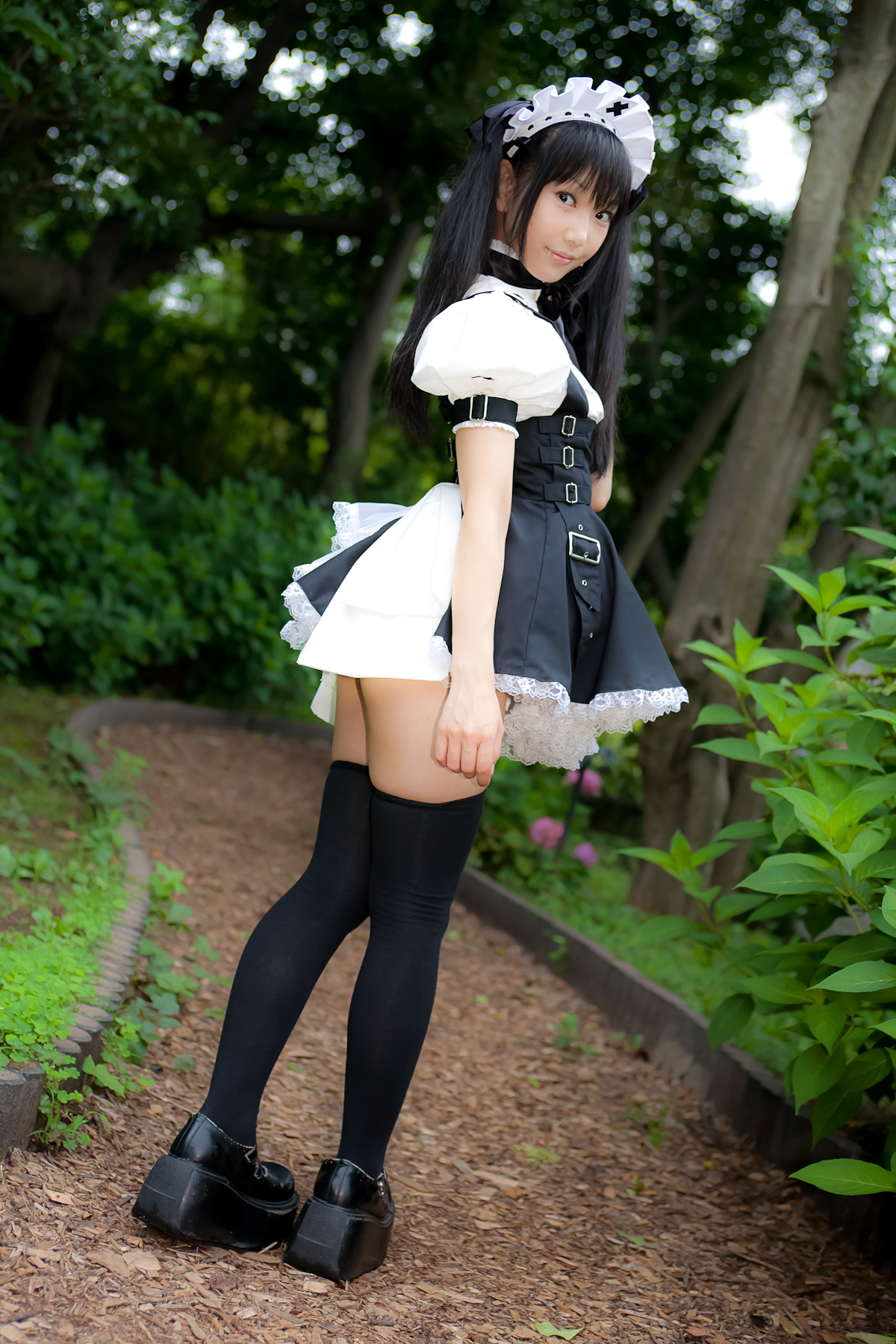 asian ass black_hair breasts female high_heels long_hair looking_back pigtails shoes solo thighhighs