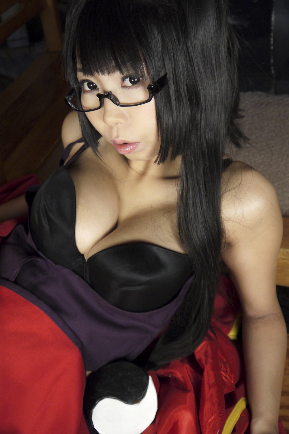ashiya_noriko asian black_hair breasts cleavage female glasses high_heels large_breasts long_hair ponytail shoes solo