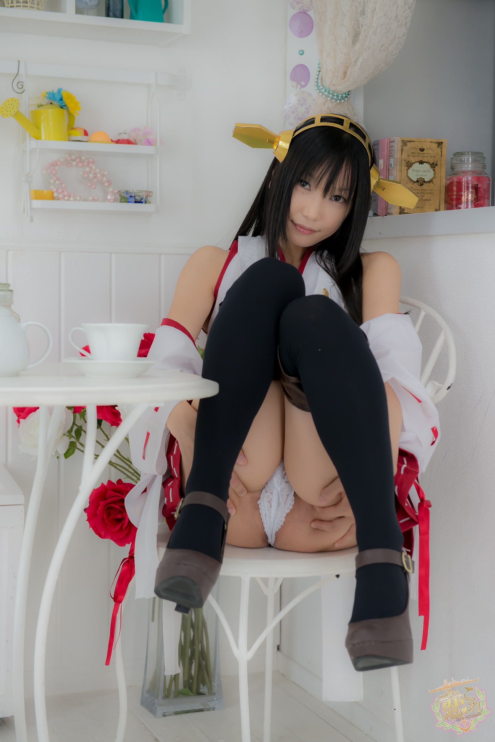 1girl asian black_hair breasts cosplay female high_heels kantai_collection kongou_(kantai_collection) lenfried long_hair panties shoes sitting solo thighhighs