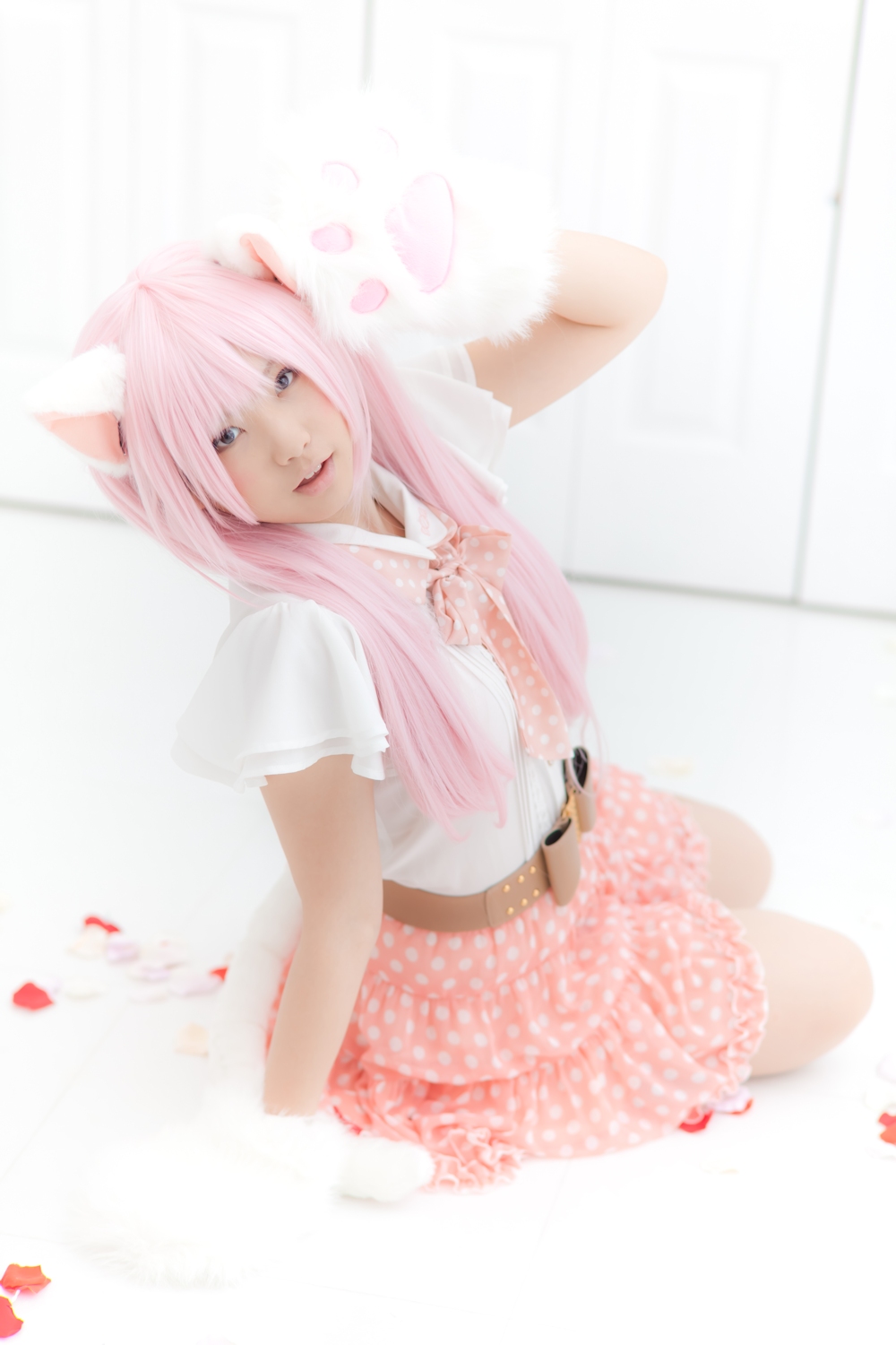 animal_ears asian breasts cosplay enako female long_hair pink_hair solo