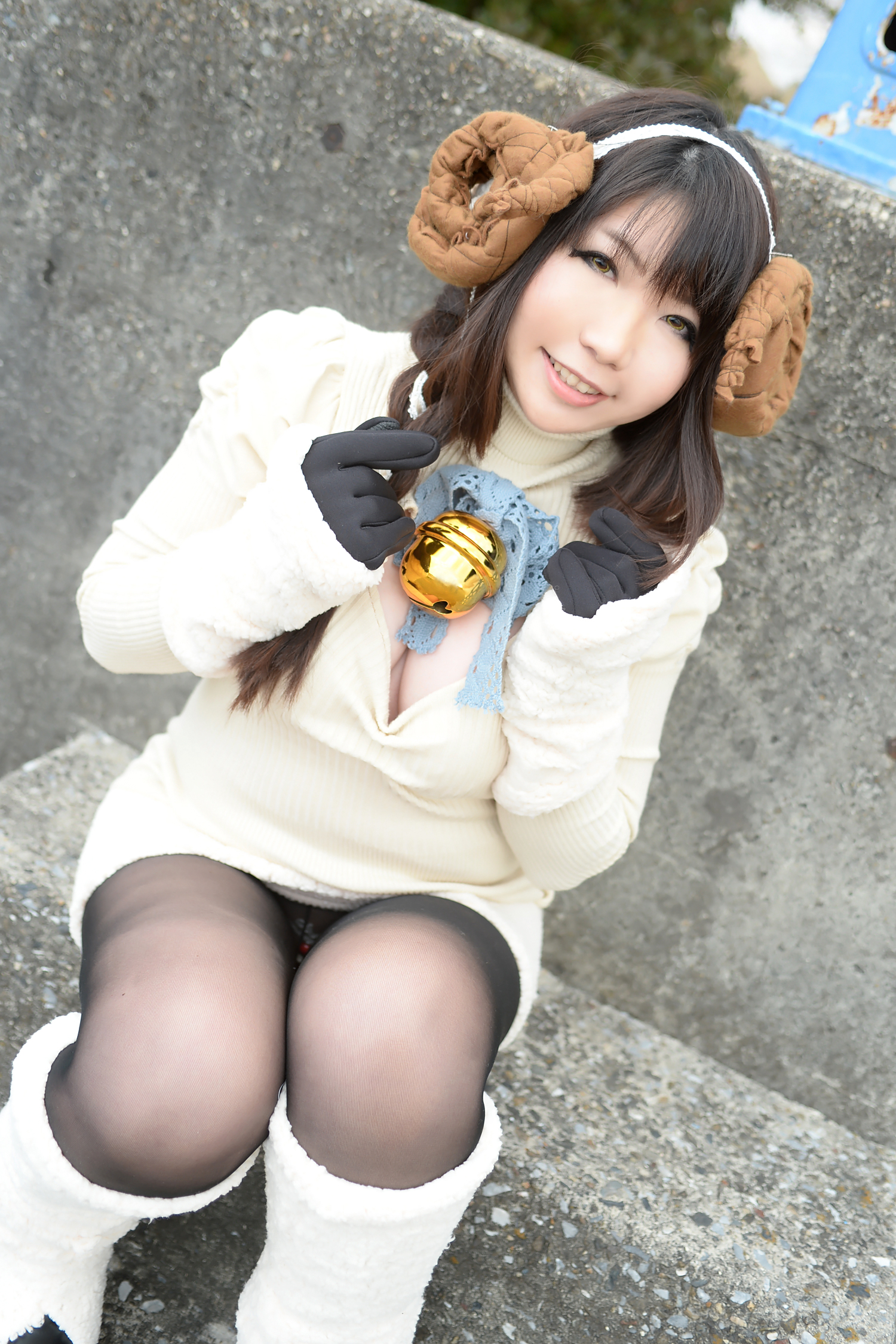 asian breasts brown_hair cosplay female horns long_hair shoes solo