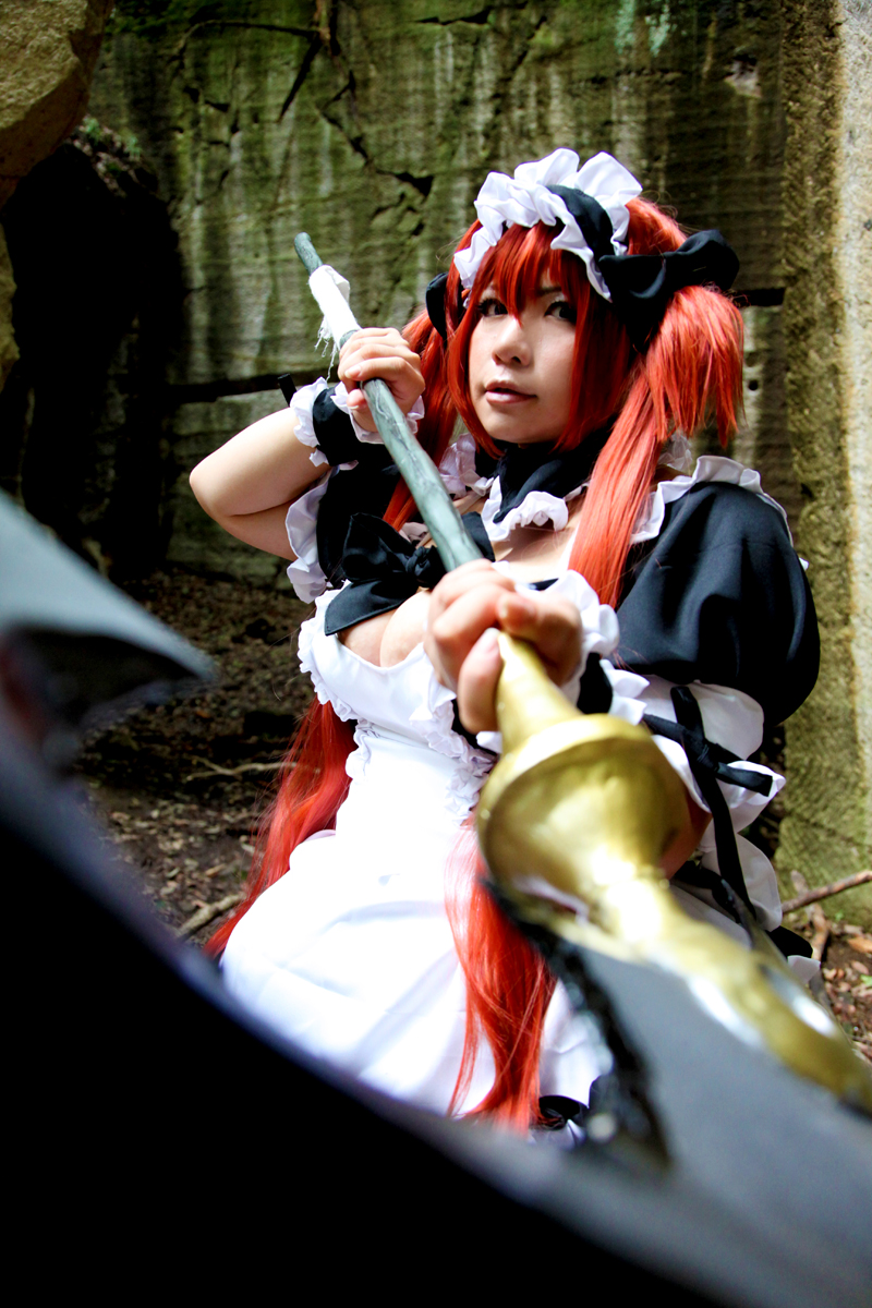 1girl airi_(queen's_blade) asian breasts chouzuki_maryou cosplay dress female huge_breasts long_hair maid plump queen's_blade red_hair shoes socks solo watermark