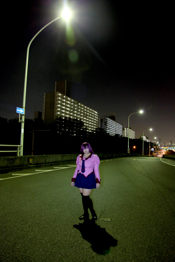 asian breasts chouzuki_maryou cosplay female huge_breasts long_hair monogatari_(series) necktie outside purple_hair senjougahara_hitagi skirt socks solo