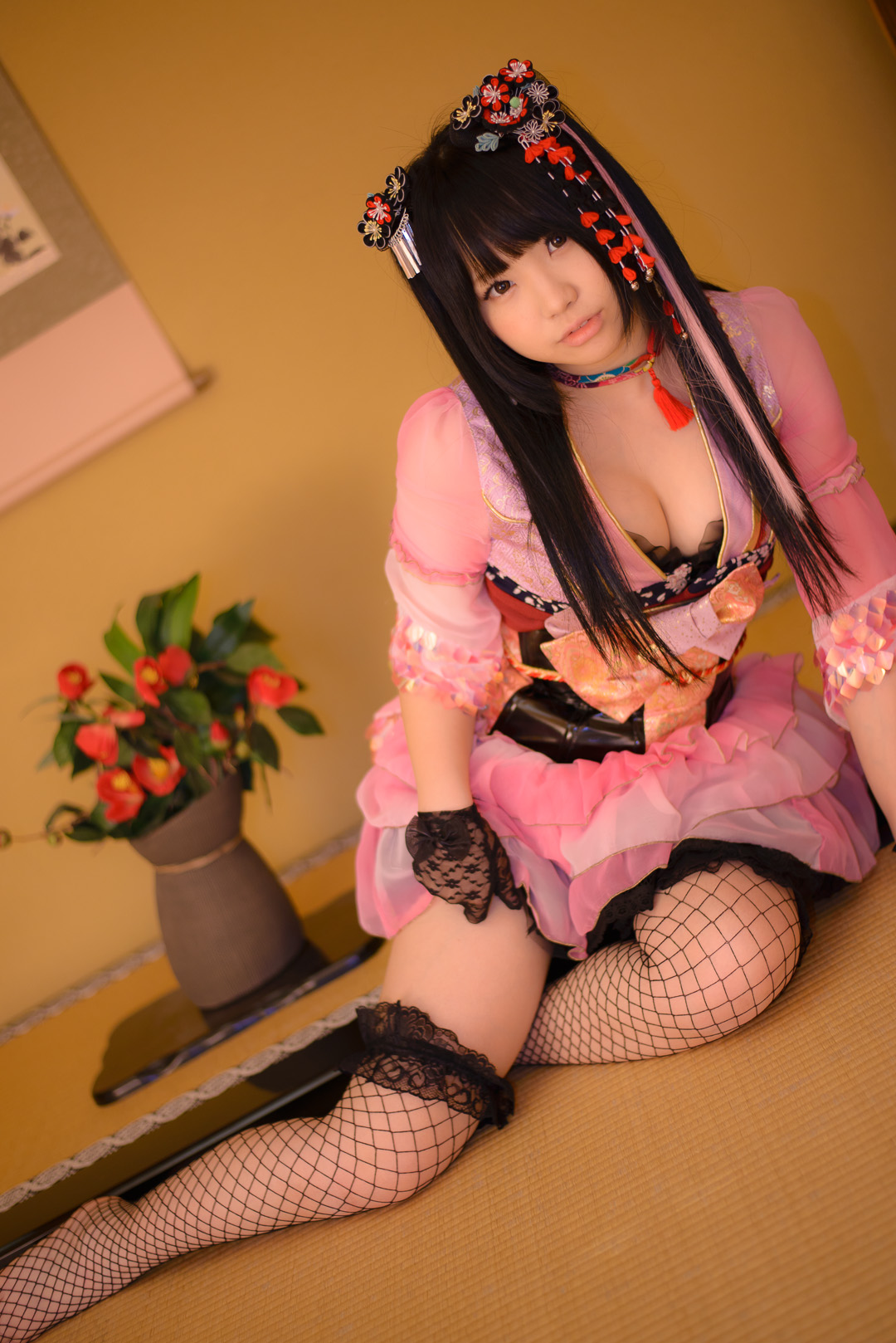 asian black_hair breasts corset dress female fishnets gloves long_hair solo thighhighs