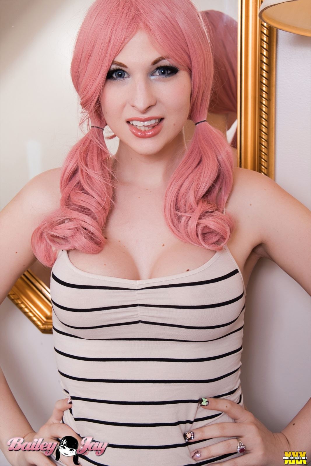 bailey_jay breasts lamp large_breasts long_hair mirror pigtails pink_hair shemale solo watermark