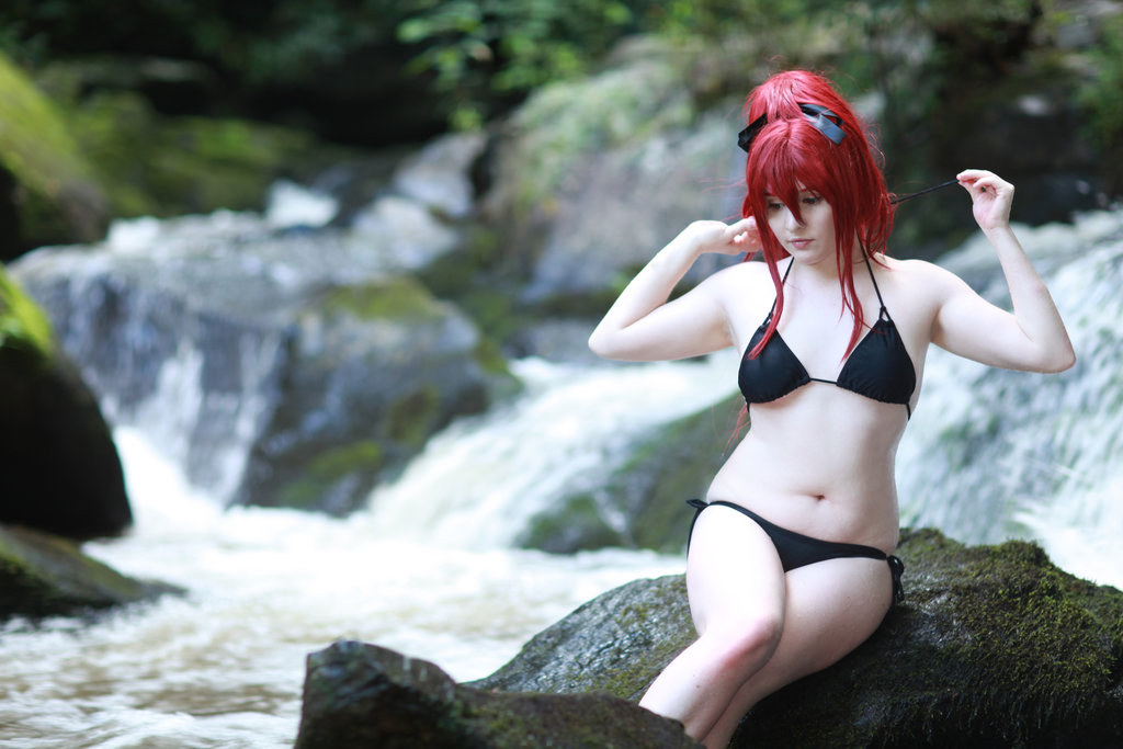 bikini breasts cosplay erza_scarlet fairy_tail female foxycosplay long_hair outside red_hair solo swimsuit tagme