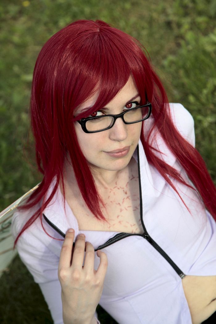 1girl asian breasts cosplay female glasses karin_(naruto) long_hair muzza_the_pervert naruto navel red_hair solo