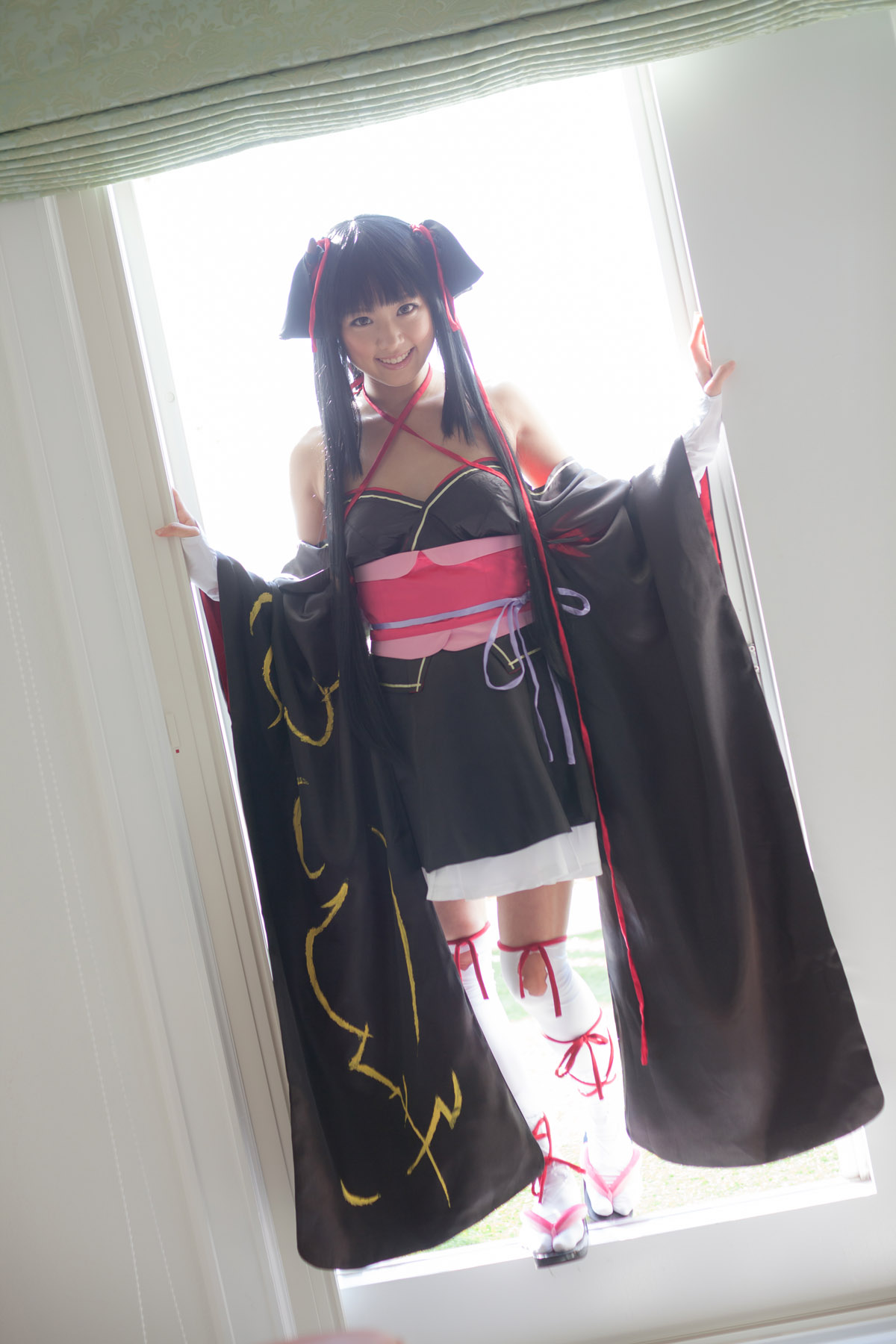 asian bare_shoulders black_hair breasts cosplay dress female long_hair shoes socks solo