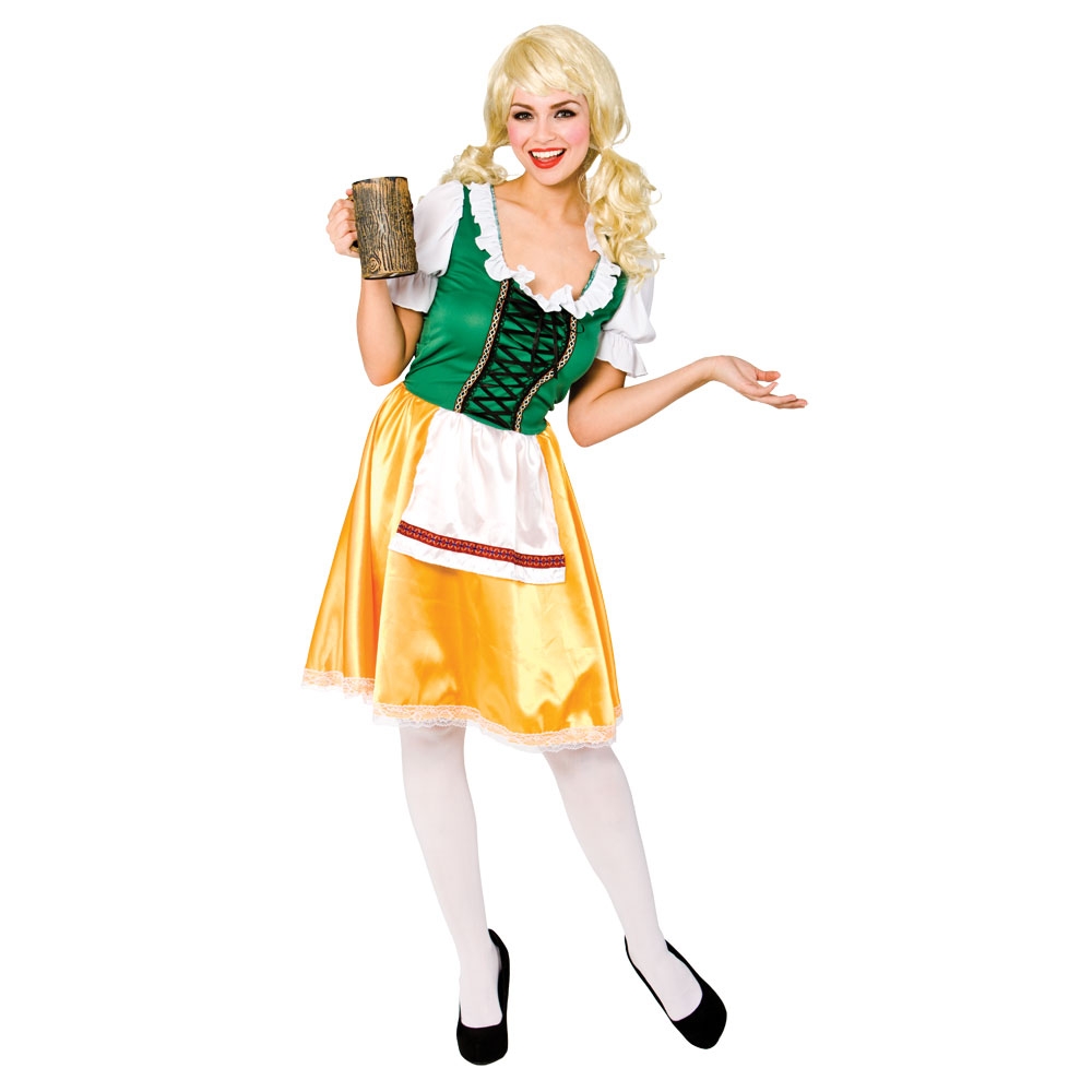alcohol bavaria beer blonde_hair breasts costume dirndl dress female german germany leggings long_hair skin_tight smiling