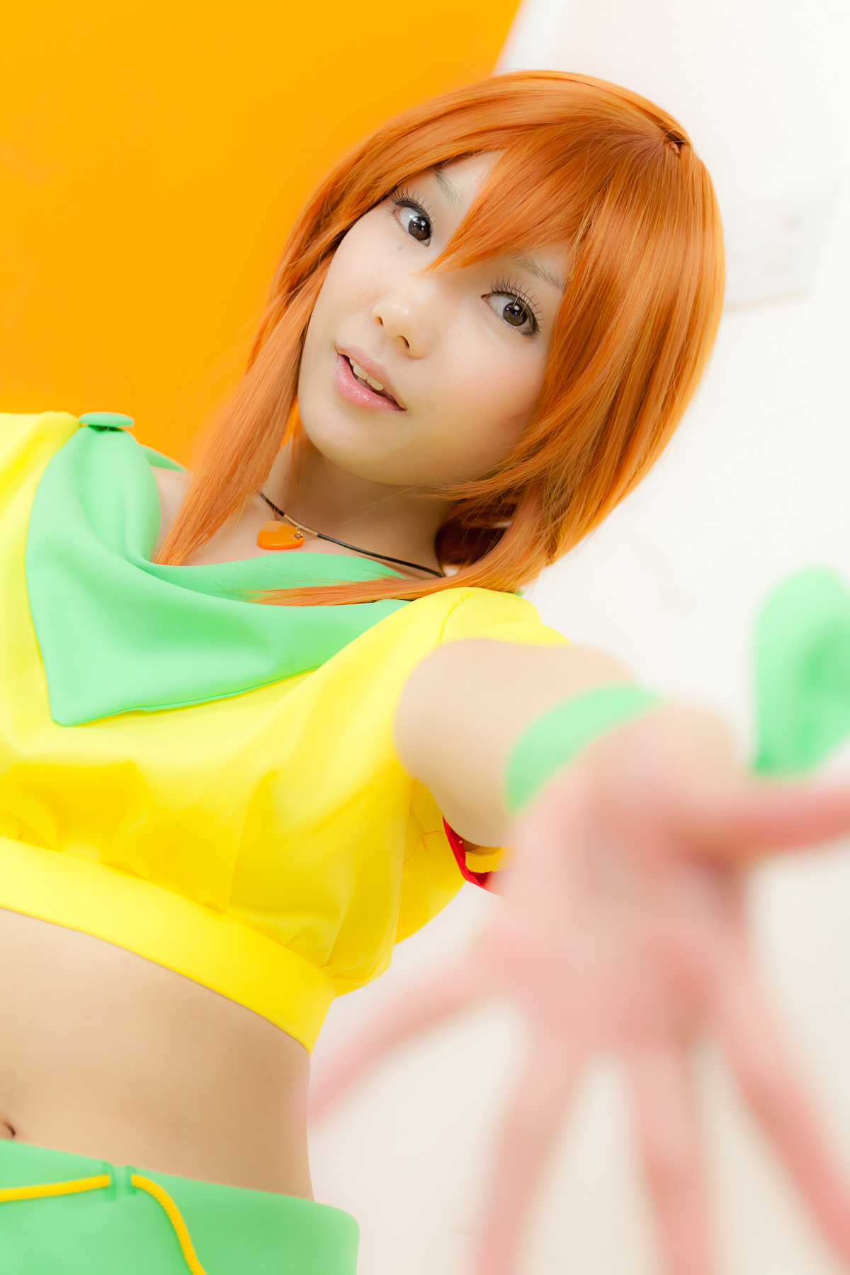 asian breasts cosplay female garter_belt long_hair midriff necklace orange_hair panties skirt solo thighhighs