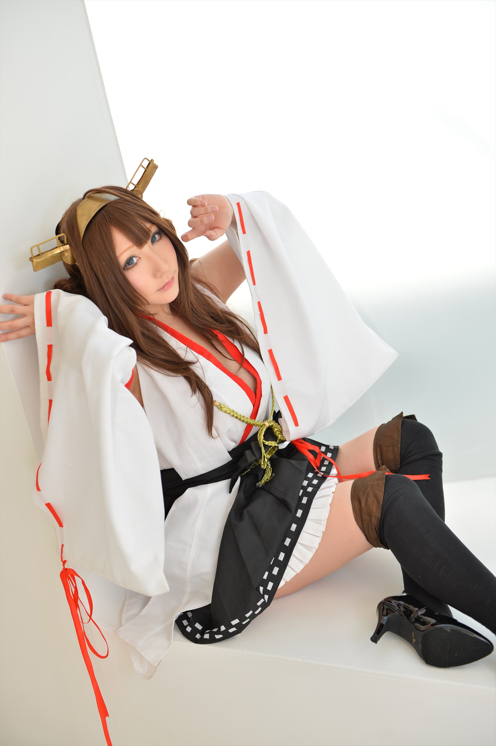 asian breasts brown_hair cosplay female high_heels large_breasts long_hair shoes shooting_star skirt solo