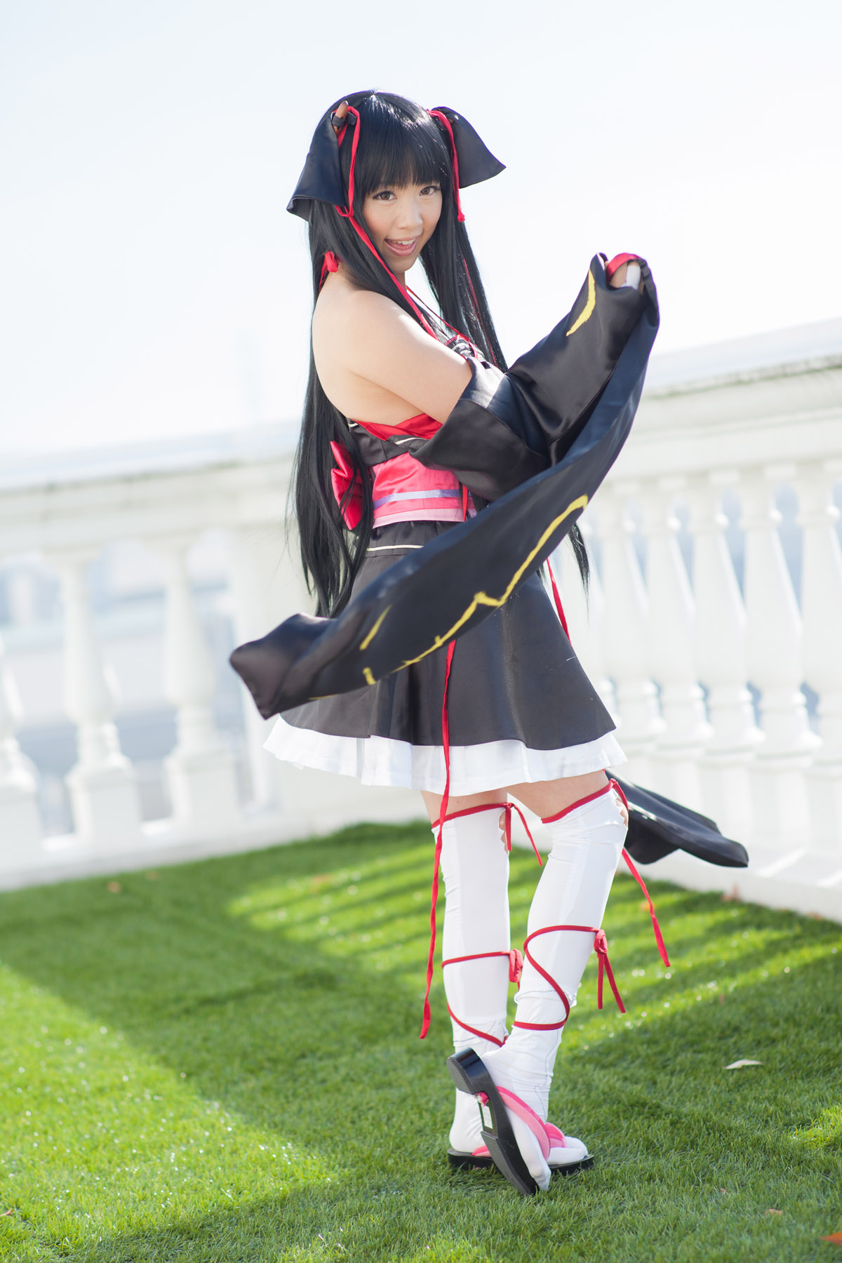 asian bare_shoulders black_hair breasts cosplay dress female long_hair shoes socks solo