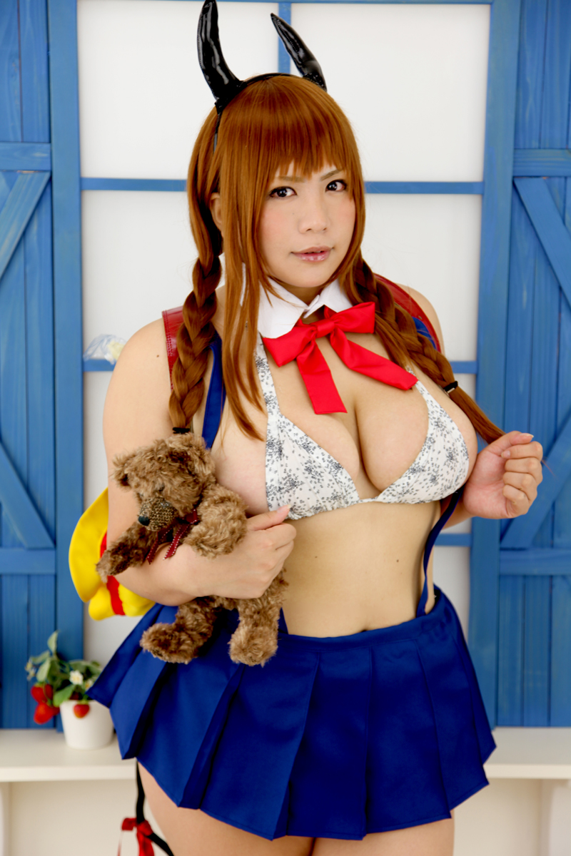 asian breasts brown_hair chouzuki_maryou cleavage cosplay female horns huge_breasts long_hair solo