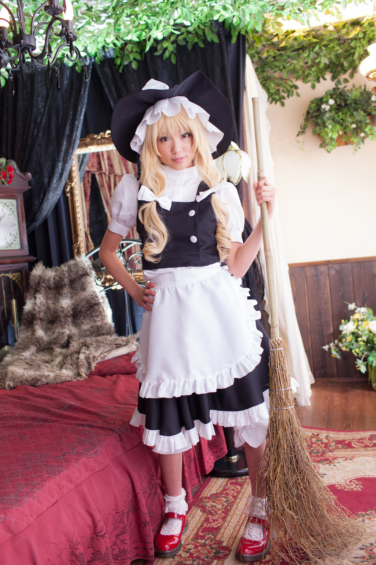 asian bed blonde_hair breasts cosplay dress female hat long_hair shoes socks solo