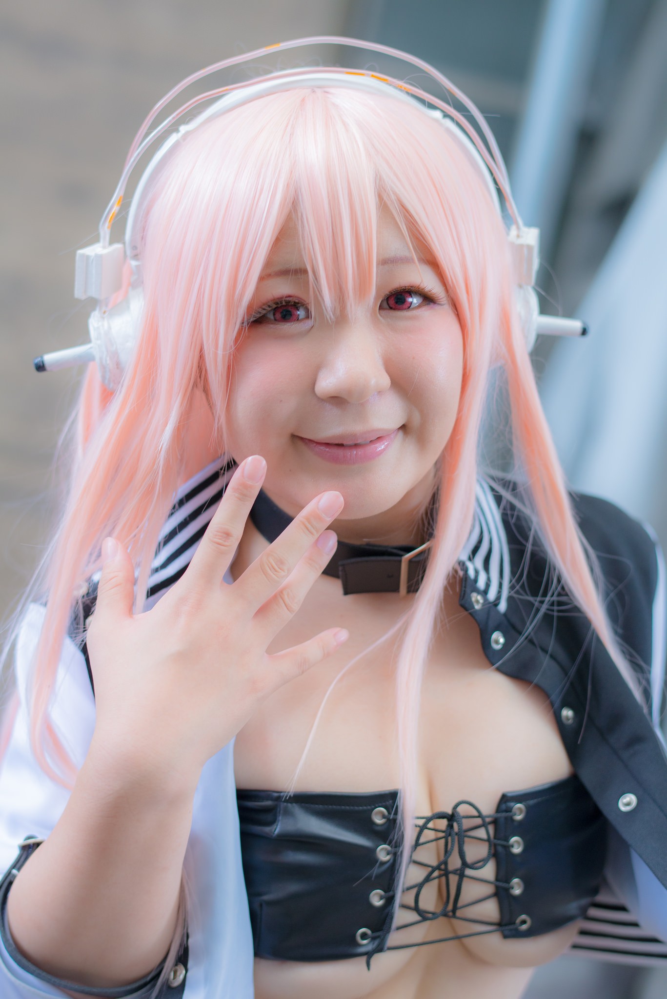 asian breasts cleavage collar cosplay female headphones large_breasts long_hair midriff navel pink_hair solo