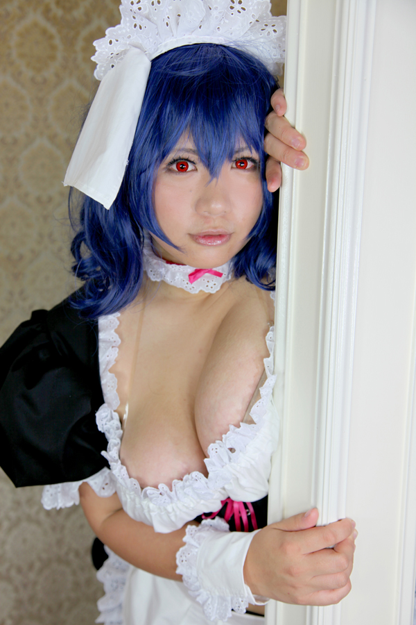 blue_hair breasts chouzuki_maryou cleavage cosplay large_breasts long_hair maid