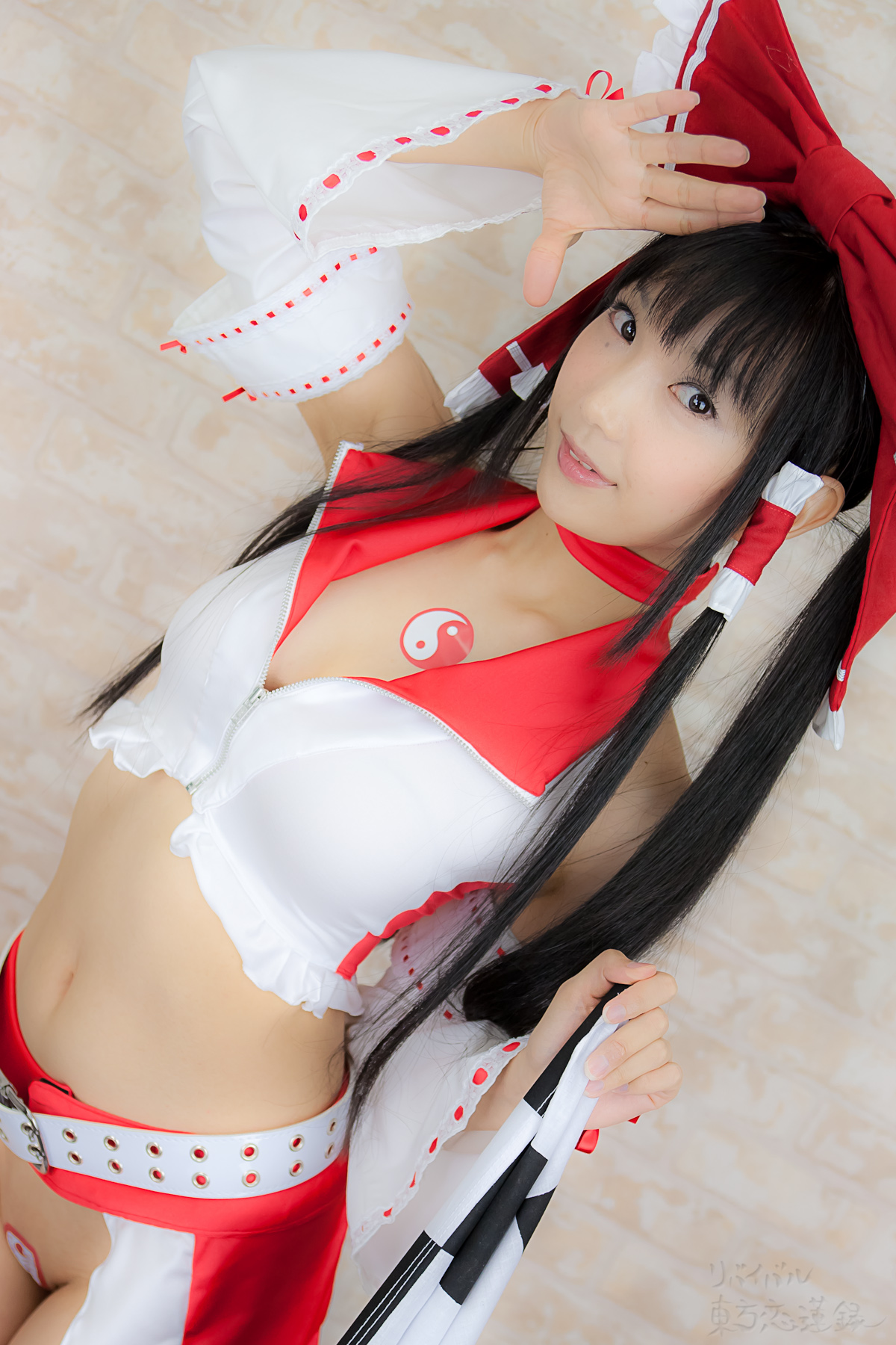 asian belt black_hair breasts cosplay female high_heels long_hair midriff shoes solo thighhighs