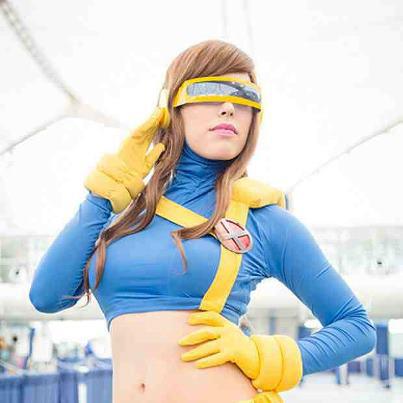 brown_hair cosplay cyclops_(character) genderswap gloves long_hair marvel non-nude photo real real_person scott_summers x-men