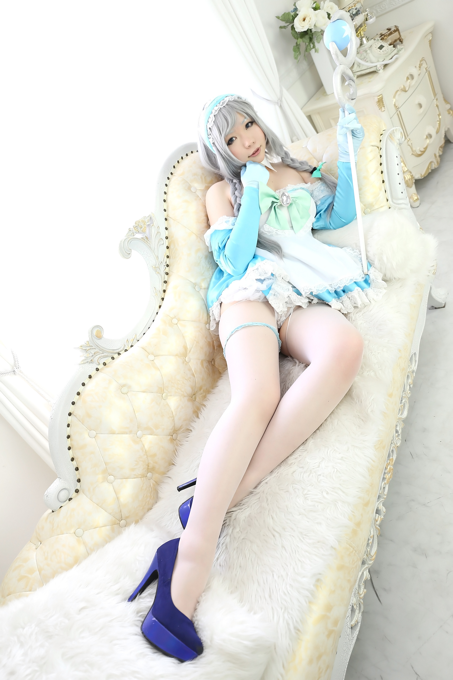 asian breasts cosplay dress female gloves gray_hair high_heels long_hair shoes solo thighhighs