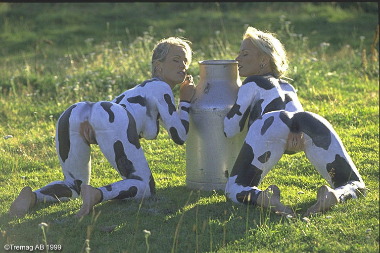 1999 2_female 2_girls 2_human 2girls all_fours animal_print blonde_hair body_paint bodypaint bovine breasts closed_eyes cow cow_girl cow_print duo earrings female female_human female_only field grass hair human human_only labia milk milk_jug multiple_girls nipples nude outdoors photo presenting pussy real_person tremag_ab