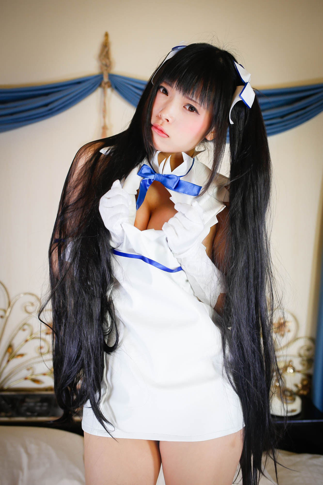 asian black_hair breasts cosplay female long_hair pigtails solo