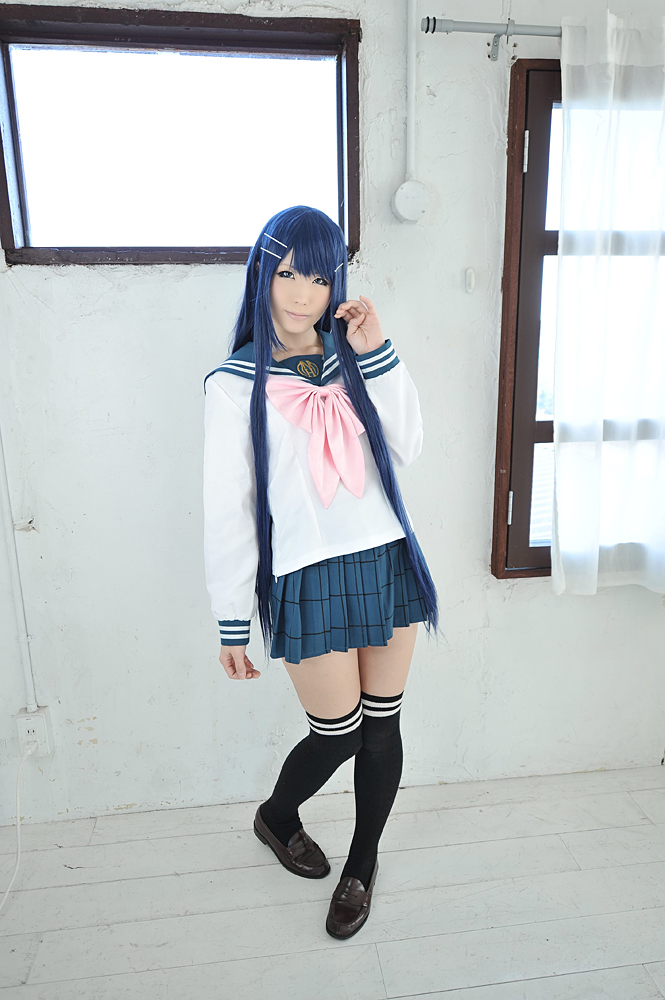 asian blue_hair breasts cosplay danganronpa female long_hair sayaka_maizono skirt solo thighhighs
