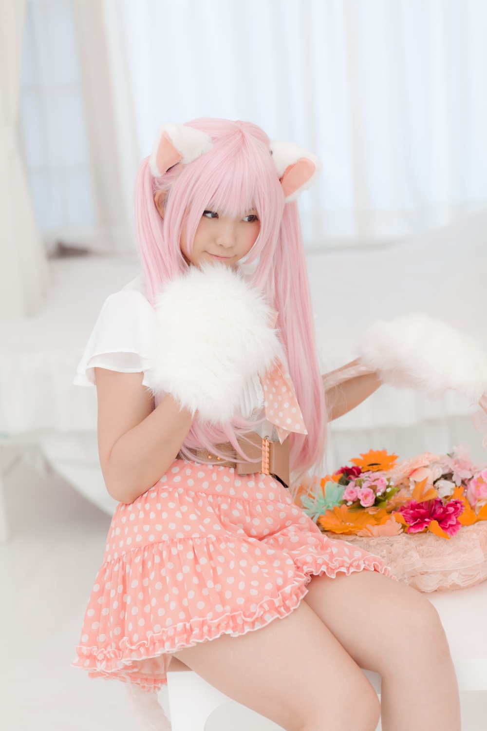 animal_ears asian breasts cosplay enako female long_hair pink_hair solo