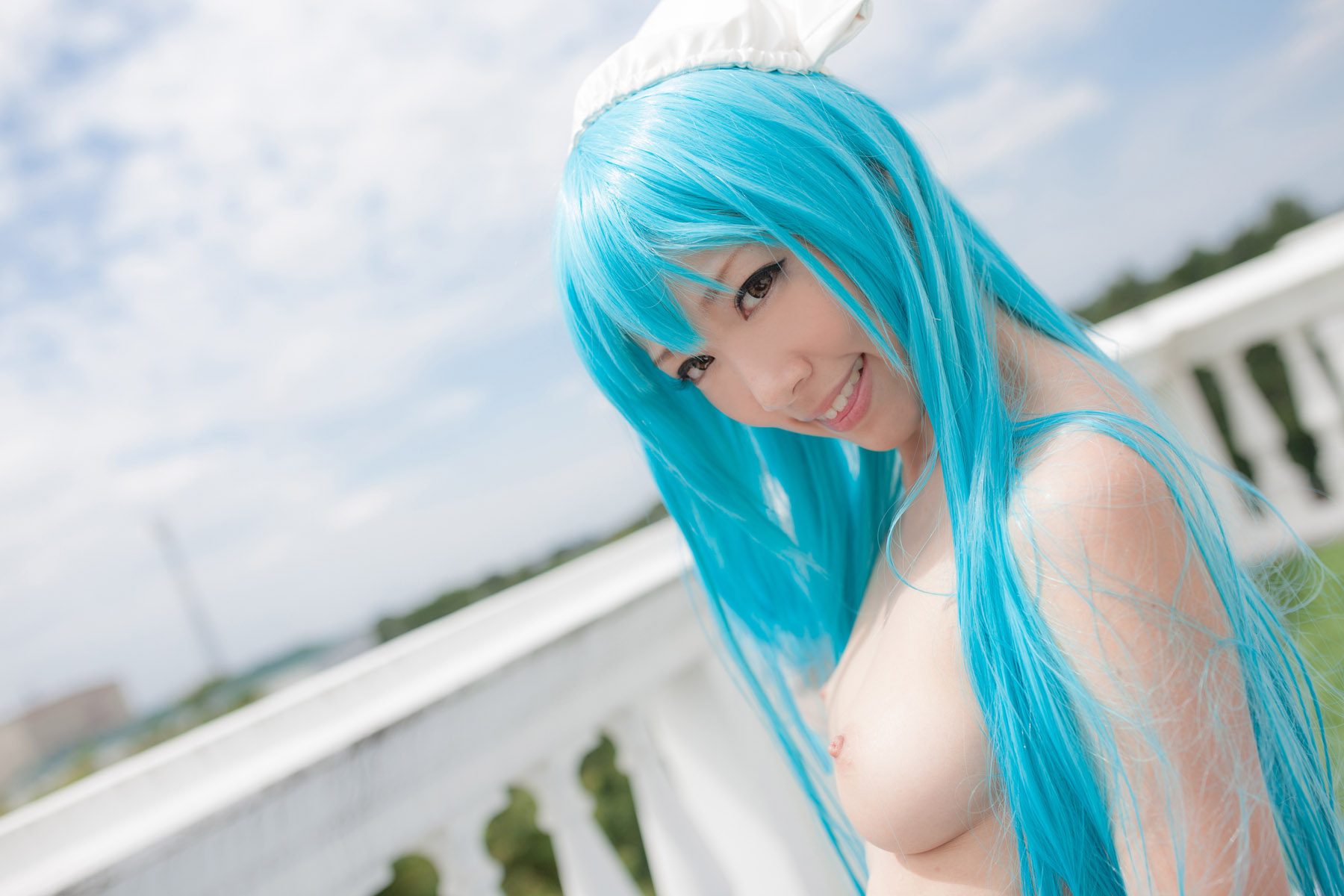 asian blue_hair breasts cosplay erect_nipples female hat long_hair navel nipples nude outside pool pubic_hair solo water wet