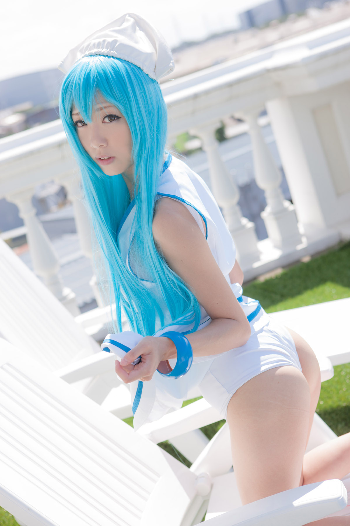 asian blue_hair breasts cosplay dress female hat long_hair outside panties solo vibrator