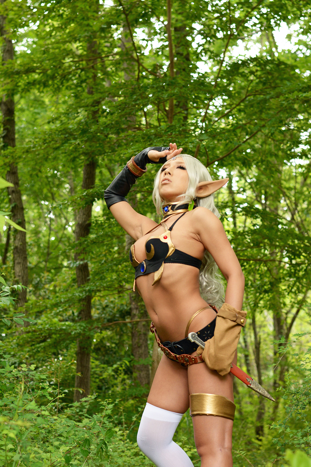 asian bra breasts elf female forest gloves large_breasts long_hair midriff navel nonsummerjack outside panties pointy_ears solo white_hair