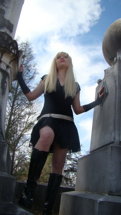 amane_misa blonde_hair breasts cosplay death_note dress female foxycosplay from_below long_hair outside solo tagme