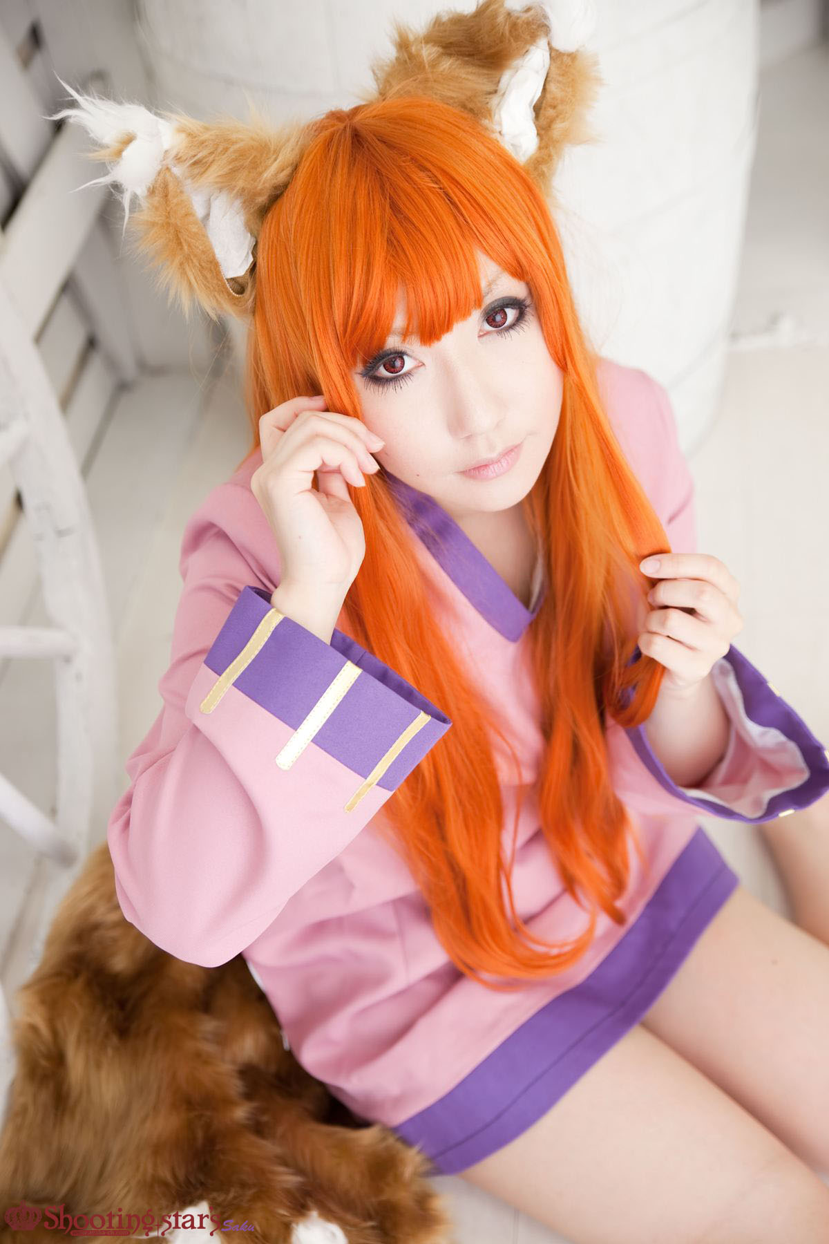 animal_ears asian breasts cosplay female long_hair orange_hair shooting_star solo watermark