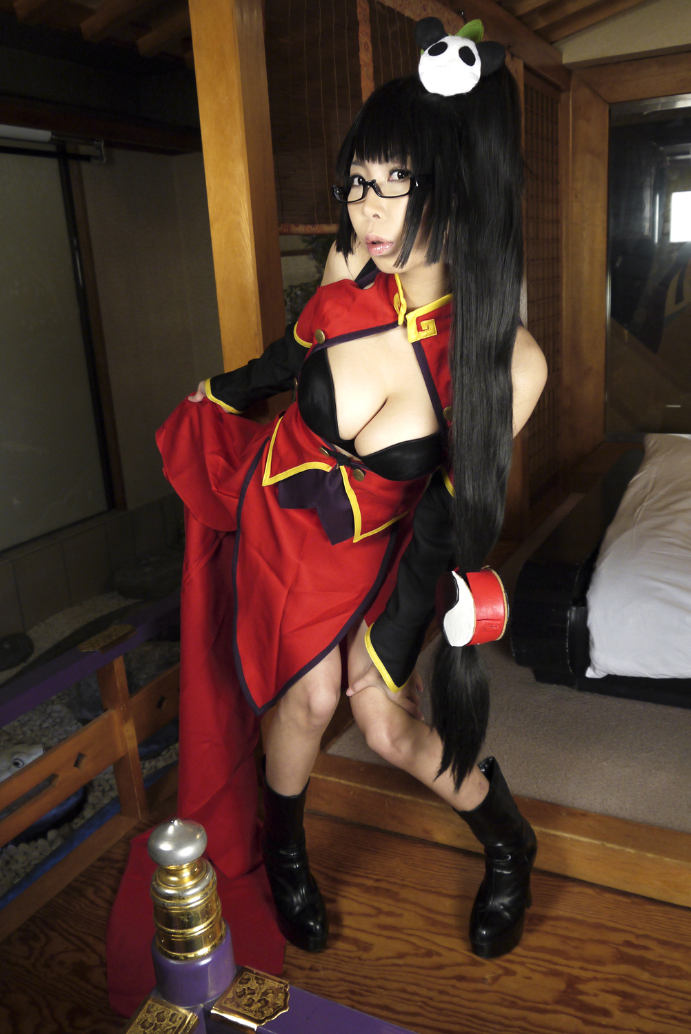 ashiya_noriko asian black_hair breasts cleavage female glasses high_heels large_breasts long_hair ponytail shoes solo