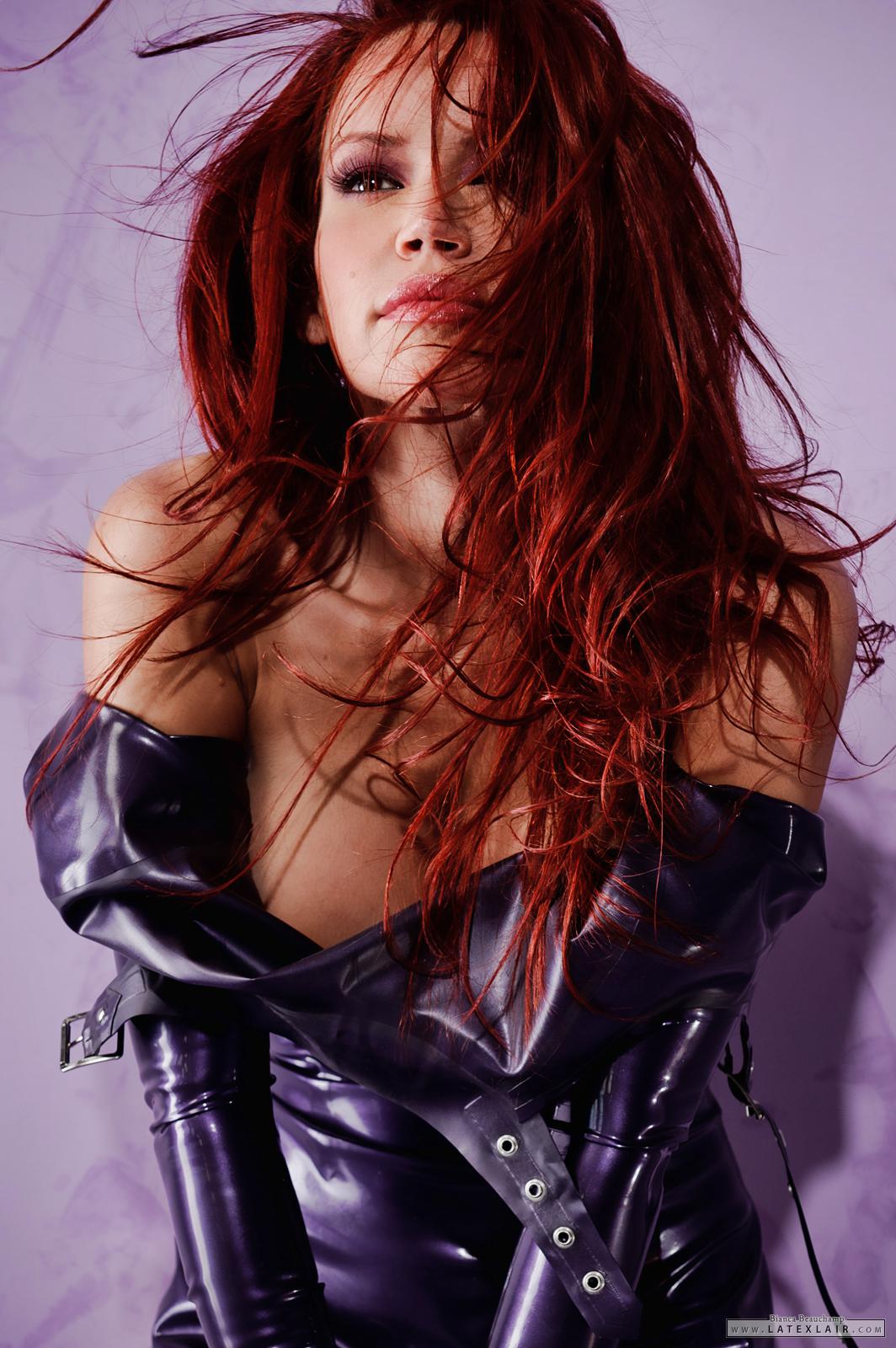 bianca_beauchamp breasts female gloves large_breasts latex long_hair red_hair simple_background solo watermark
