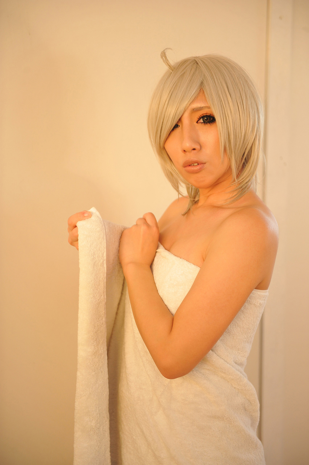 asian breasts female large_breasts nonsummerjack short_hair solo towel white_hair