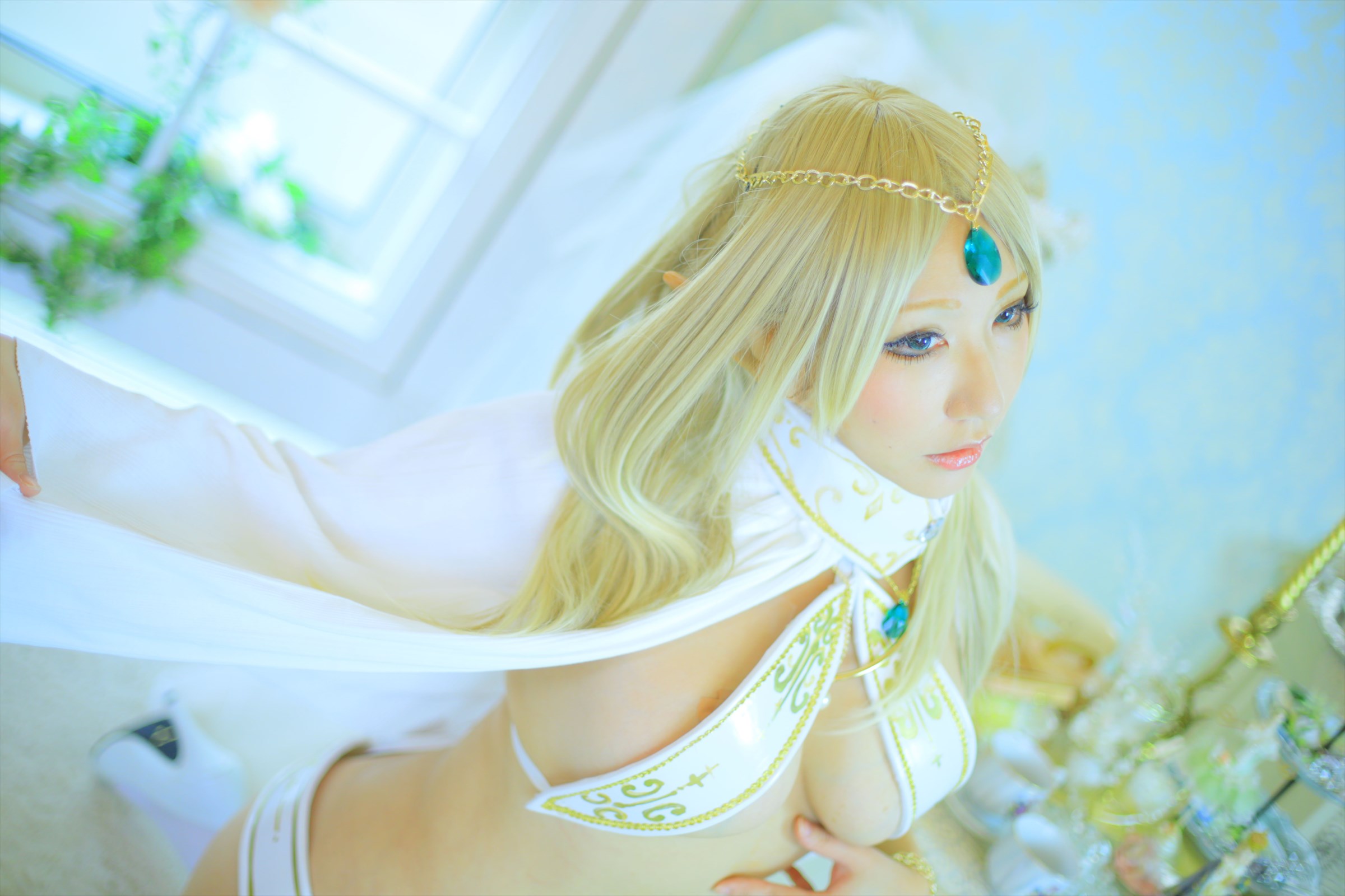 asian blonde_hair breasts cosplay female long_hair shooting_star solo