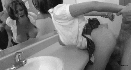 animated breasts breasts_outside closed_eyes doggy_style gif holding_hands large_breasts mirror monochrome open_clothes open_shirt sex shirt sink skirt