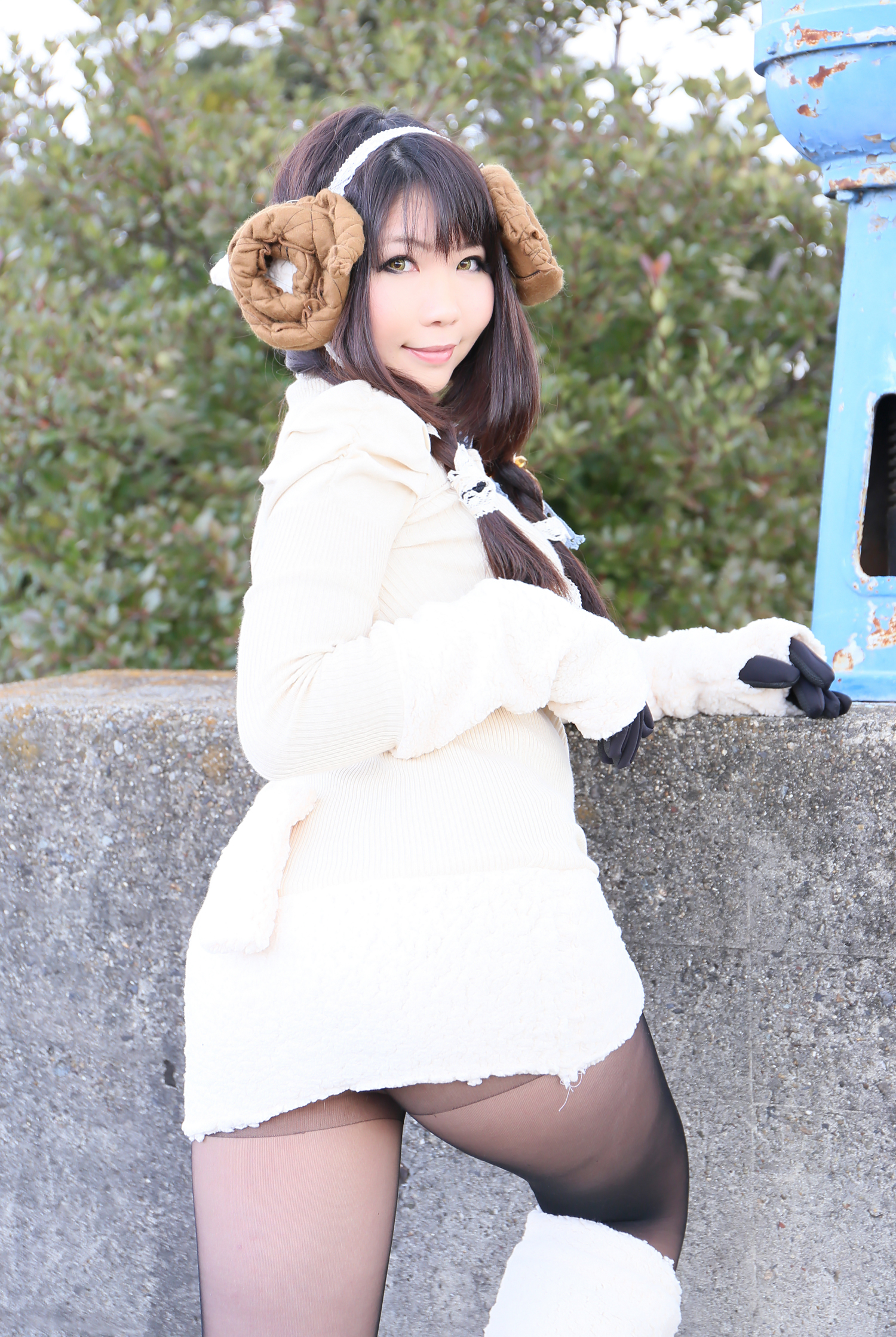 asian breasts brown_hair cosplay female horns long_hair shoes solo